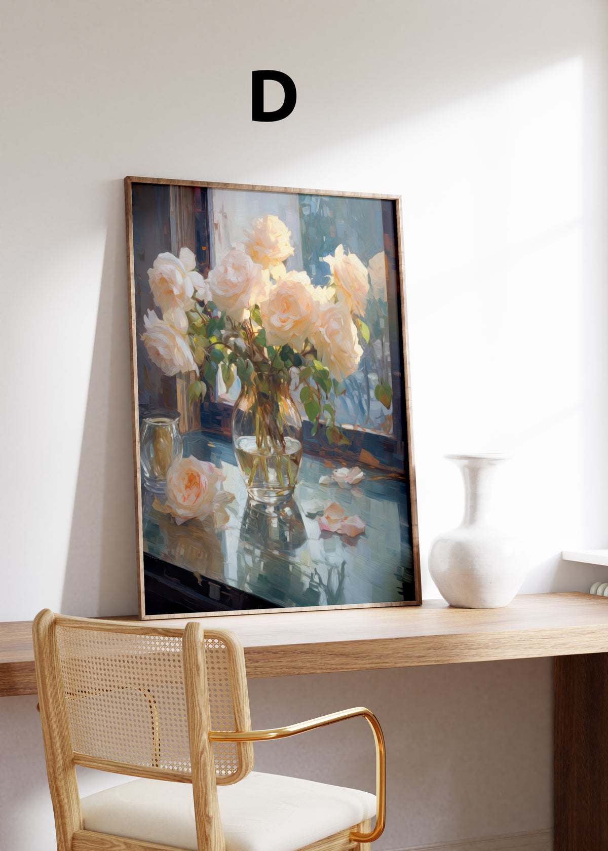 Postermotiv D: Cremefarbene Rosen in einer Glasvase auf einem Tisch am Fenster. Im Holzrahmen auf einem Schreibtisch.