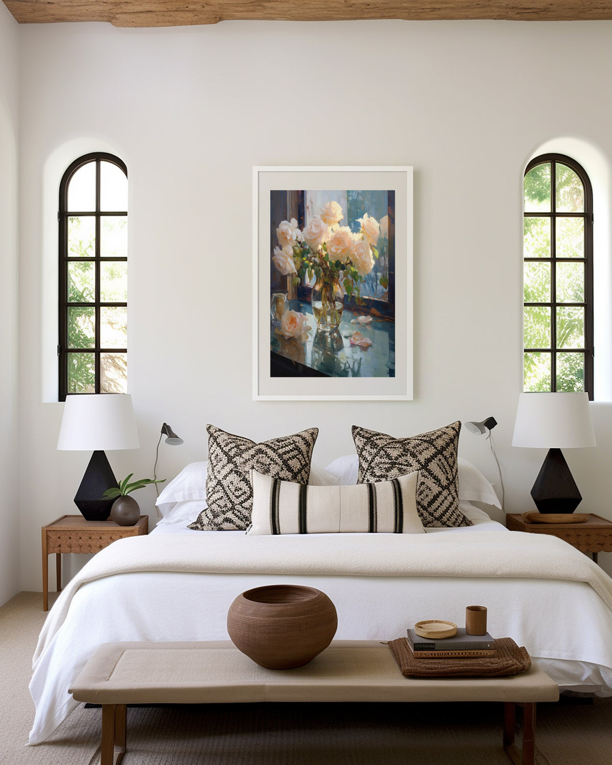 Gerahmtes Poster über einem Bett im hellen Schlafzimmer. Motiv: Cremefarbene Rosen in einer Glasvase auf einem Tisch am Fenster.