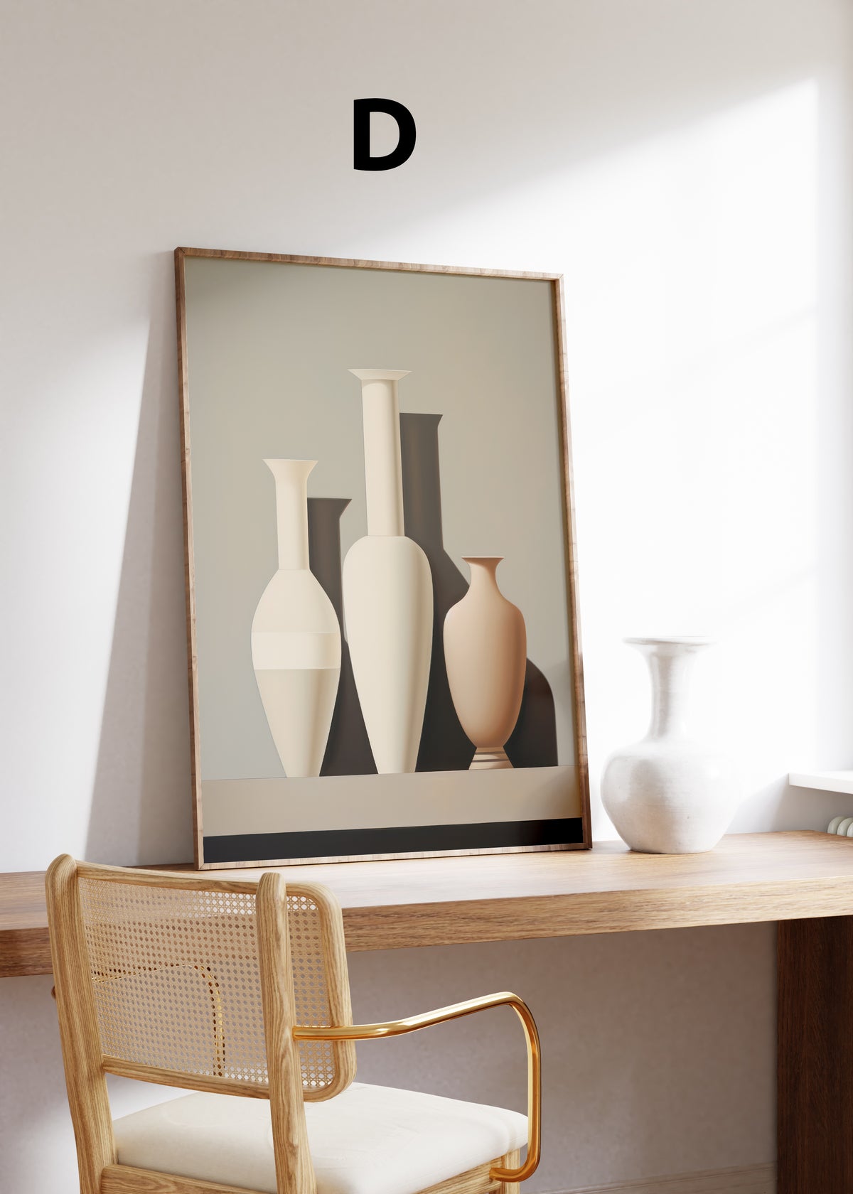 Postermotiv D: Drei minimalistische Vasen in Creme und Beige mit klaren Schatten. Im Holzrahmen auf einem Schreibtisch.