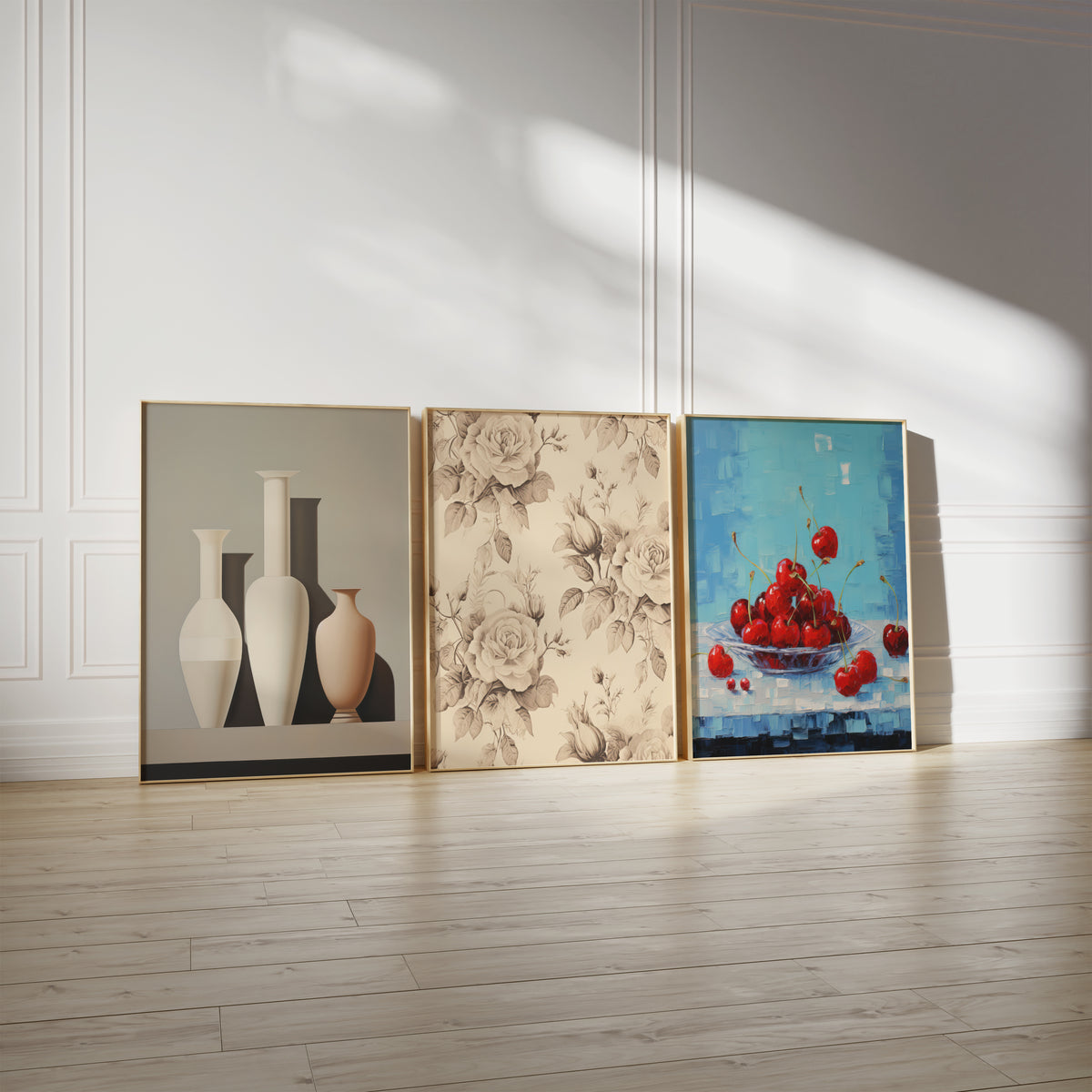 Drei gerahmte Poster an einer hellen Wand mit Zierleisten. Motive: Drei minimalistische Vasen in Creme und Beige mit klaren Schatten; Feines Rosenmuster in braunen Linien auf cremefarbenem Grund; Rote Kirschen in einer Schale vor leuchtend blauem Hintergrund.