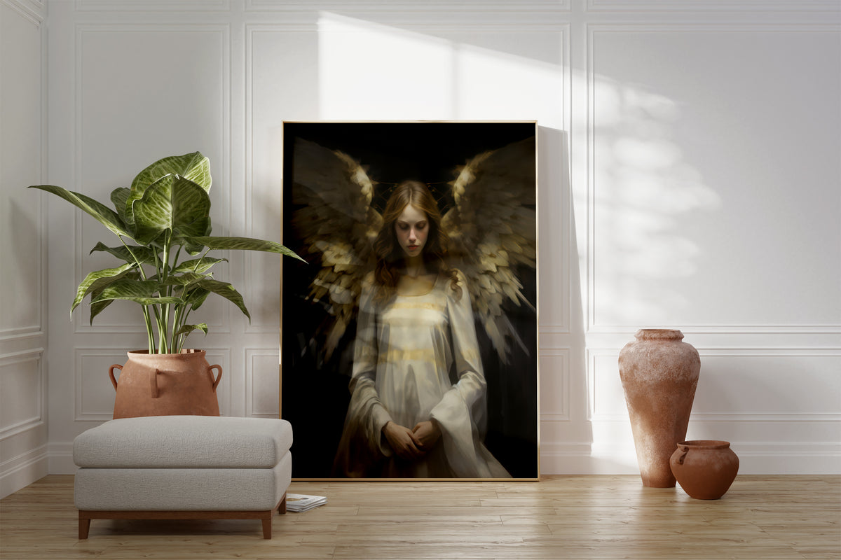 Großes gerahmtes Poster an einer hellen Wohnzimmerwand neben Sessel, Pflanze und Vase. Motiv: Engelsfigur im weißen Kleid mit großen Flügeln vor dunklem Hintergrund.