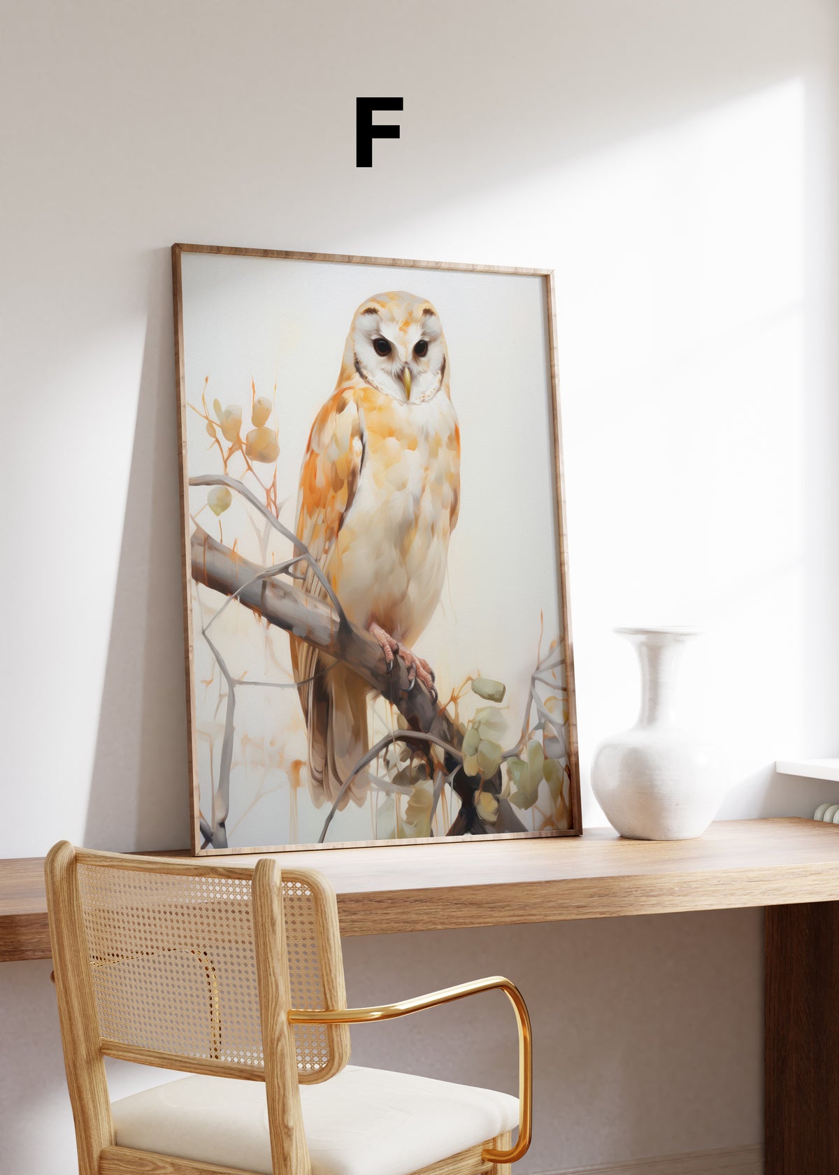 Postermotiv F: Helle Eule auf einem Ast vor zartem Hintergrund. Im Holzrahmen auf einem Schreibtisch.