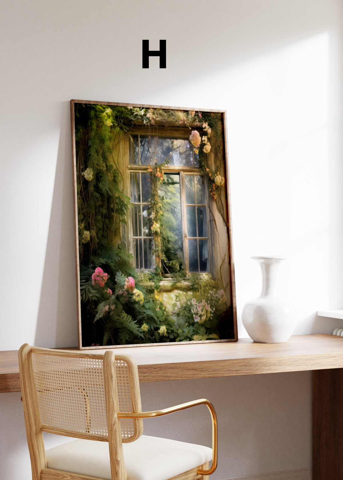 Postermotiv H: Altes Fenster mit grünen Ranken und rosa Rosen im warmen Licht. Im Holzrahmen auf einem Schreibtisch.