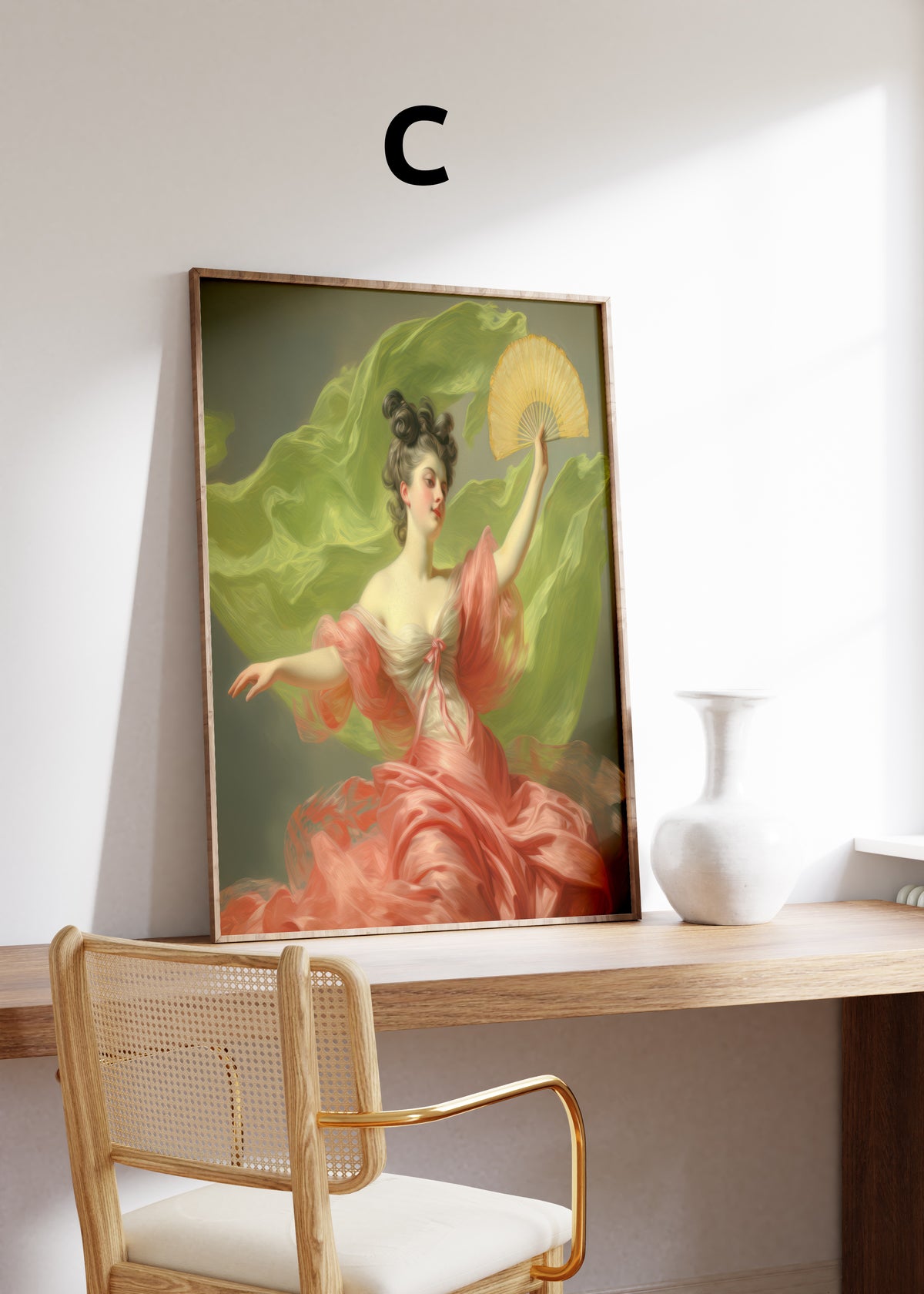 Postermotiv C: Frau im fließenden rosa Kleid mit Fächer und grünem Tuch. Im Holzrahmen auf einem Schreibtisch.