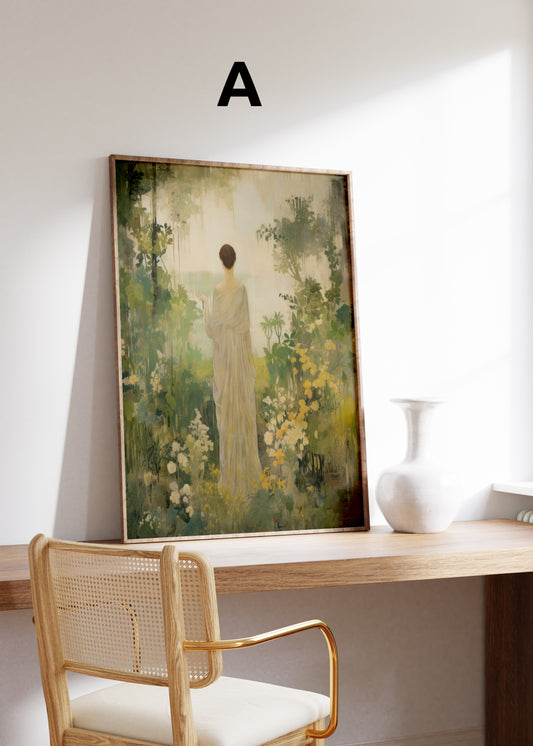 Postermotiv A: Eine Frau im hellen Kleid in einem verträumten Garten mit weißen Blüten. Im Holzrahmen auf einem Schreibtisch.