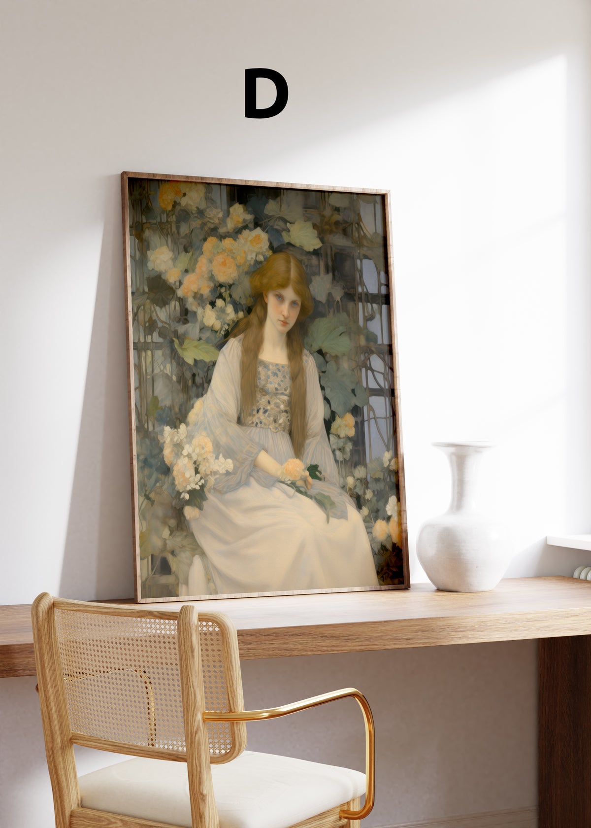 Postermotiv D: Frau in einem hellen Kleid zwischen gelben Rosen. Im Holzrahmen auf einem Schreibtisch.