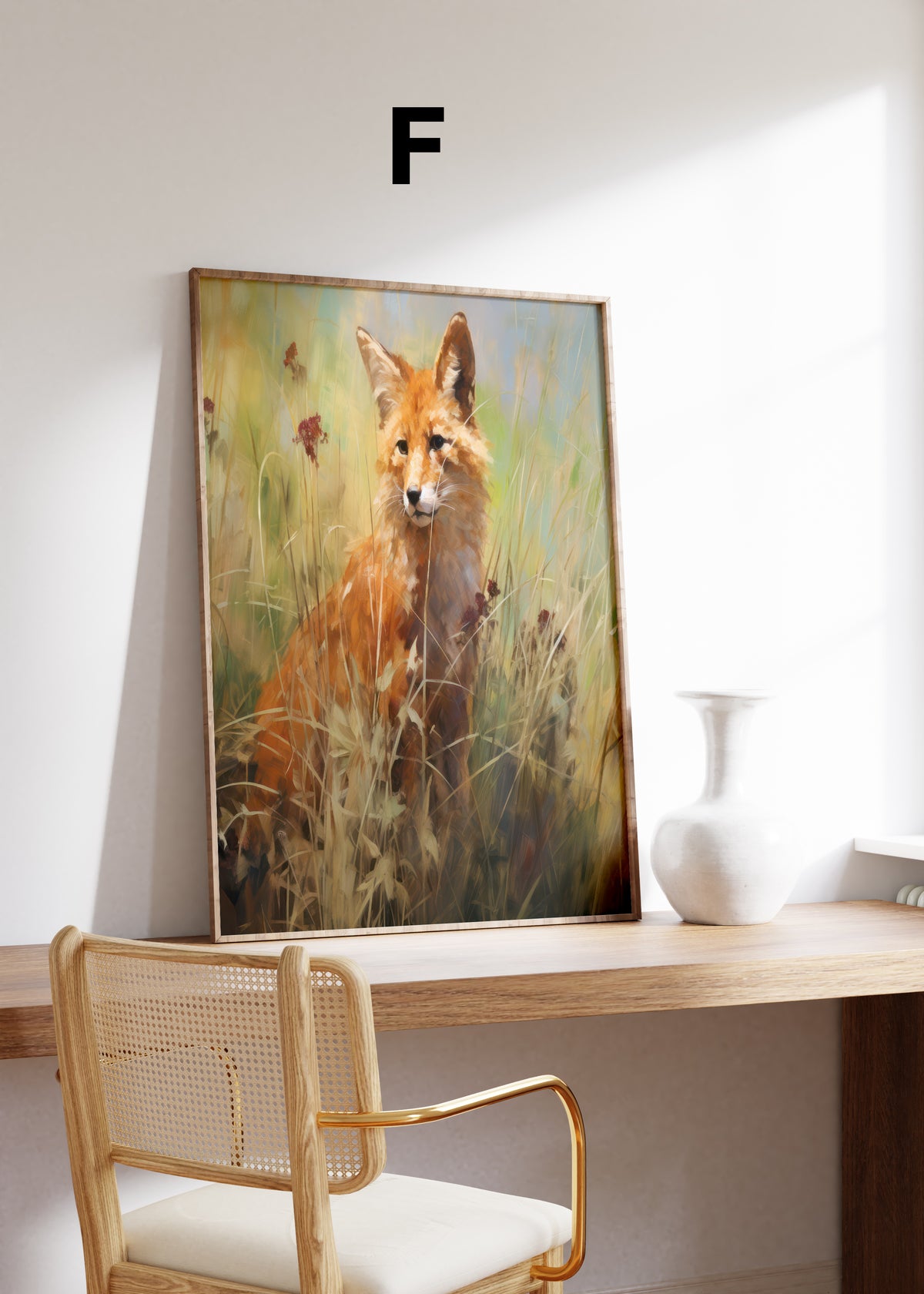 Postermotiv F: Ein roter Fuchs zwischen Gräsern und kleinen Wiesenblumen. Im Holzrahmen auf einem Schreibtisch.