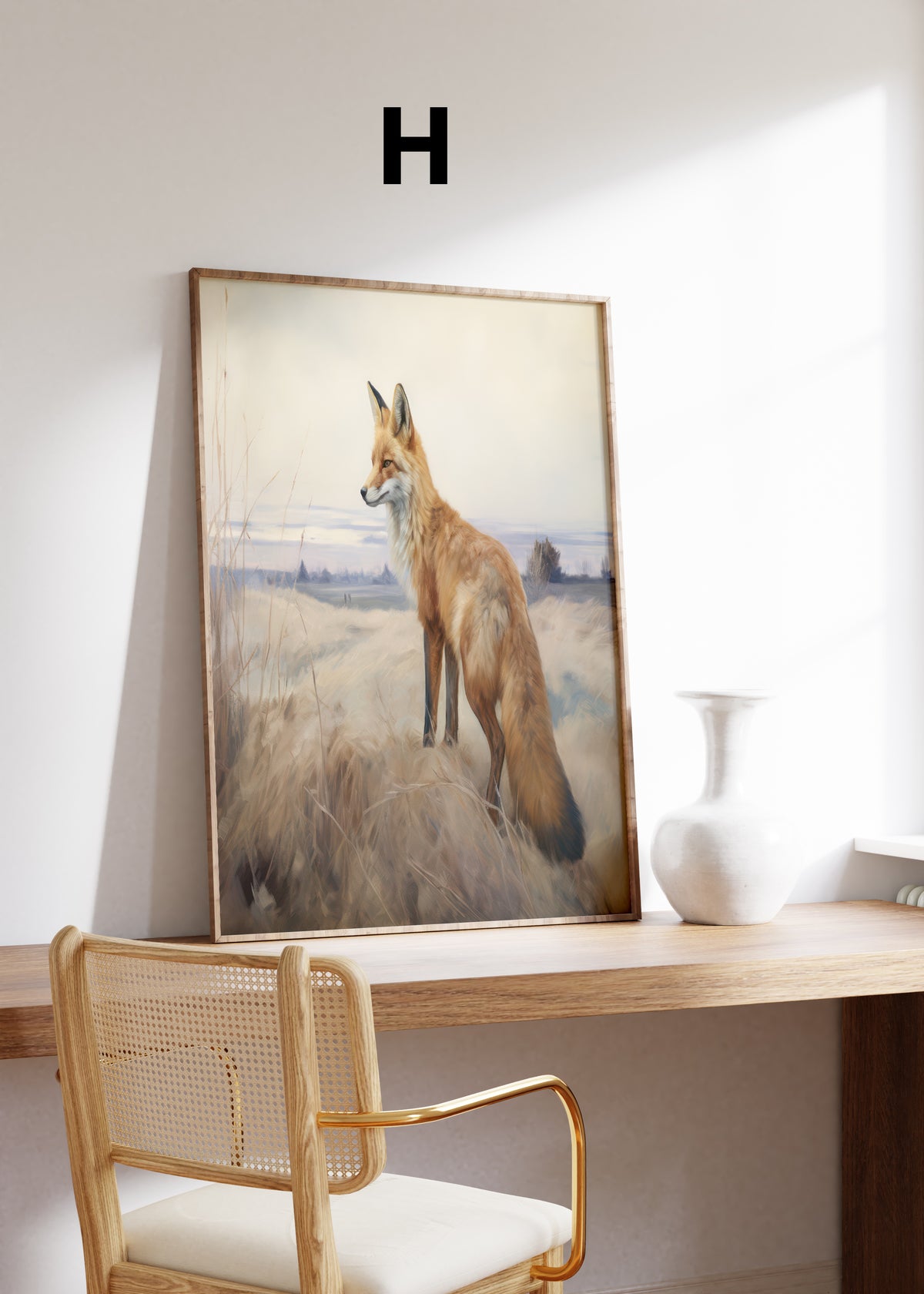 Postermotiv H: Ein Fuchs auf grasbewachsenen Dünen vor einer weiten Landschaft. Im Holzrahmen auf einem Schreibtisch.