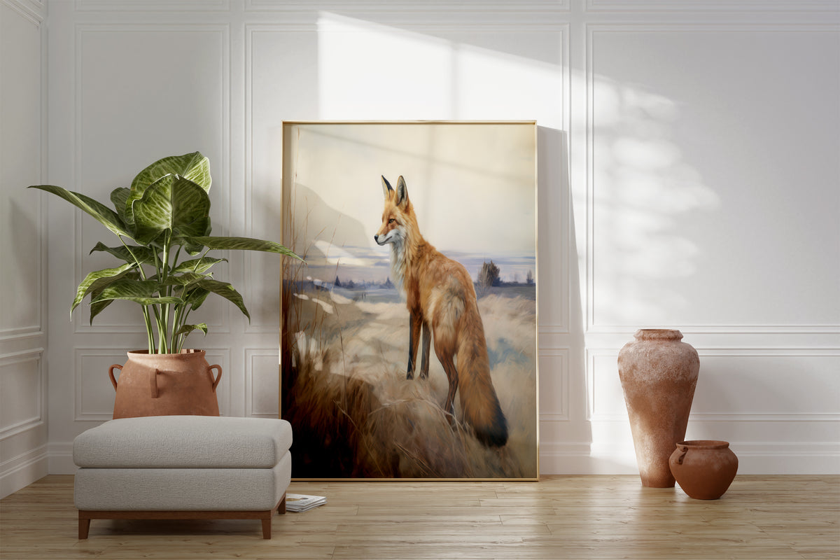Großes gerahmtes Poster an einer hellen Wohnzimmerwand neben Sessel, Pflanze und Vase. Motiv: Ein Fuchs auf grasbewachsenen Dünen vor einer weiten Landschaft.