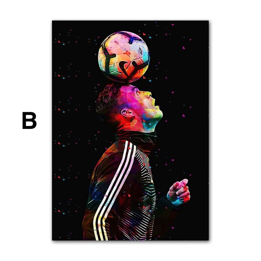 Farbenfrohes Poster mit künstlerischer Darstellung eines Fußballspielers, der den Ball auf dem Kopf balanciert, moderner Kunstdruck auf Baumwoll-Canvas.
