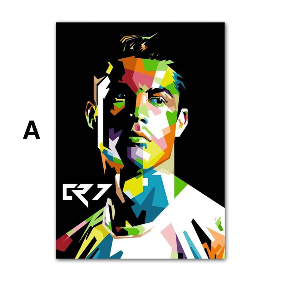Farbenfrohes Pop-Art-Porträt eines Fußballspielers mit abstracten geometrischen Formen auf schwarzem Hintergrund, moderner Baumwoll-Canvas Kunstdruck.