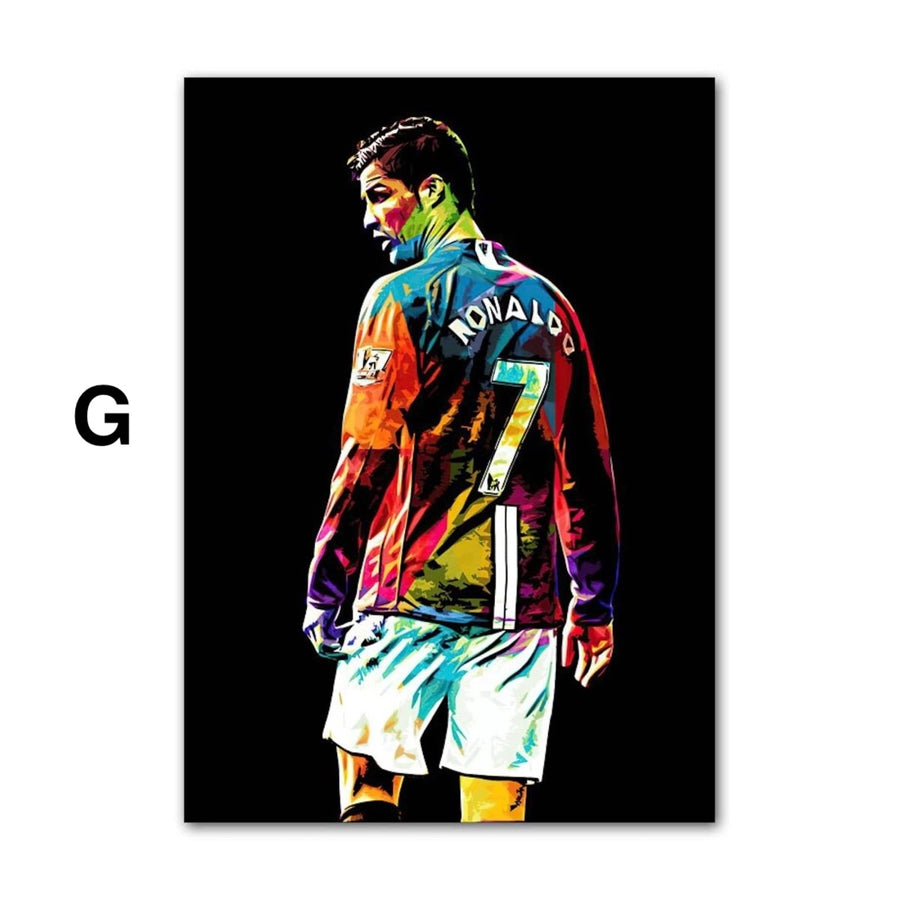 Kunstdruck von Cristiano Ronaldo mit leuchtenden Farben auf schwarzem Hintergrund, modernes Baumwollposter für stilvolle Wanddekoration.