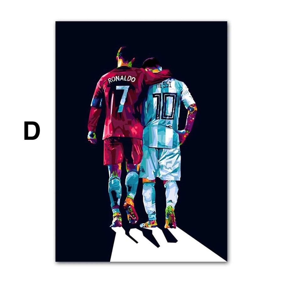 Moderner Kunstdruck auf Baumwoll-Canvas zeigt Cristiano Ronaldo und Lionel Messi in stilisierter Darstellung, lebendige Farben, zeitgenössische Wanddekoration.