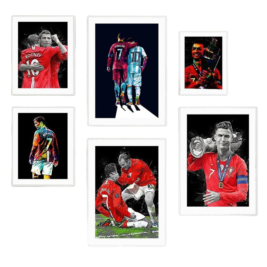 Sechs Kunstdrucke von Cristiano Ronaldo bei Manchester United in lebendigen Farben auf hochwertigem Baumwoll-Canvas, moderne Wanddekoration.