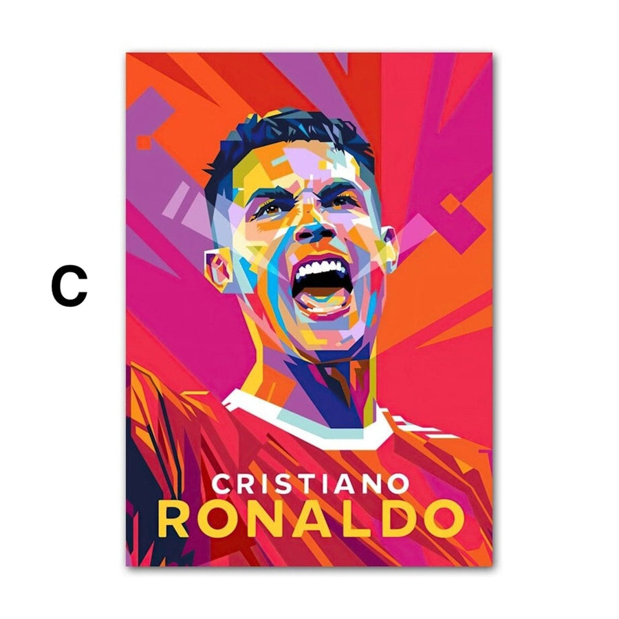 Bunter Kunstprint von Cristiano Ronaldo in dynamischer Pose mit leuchtenden Farben auf hochwertigem Baumwollcanvas, moderne Wanddekoration.