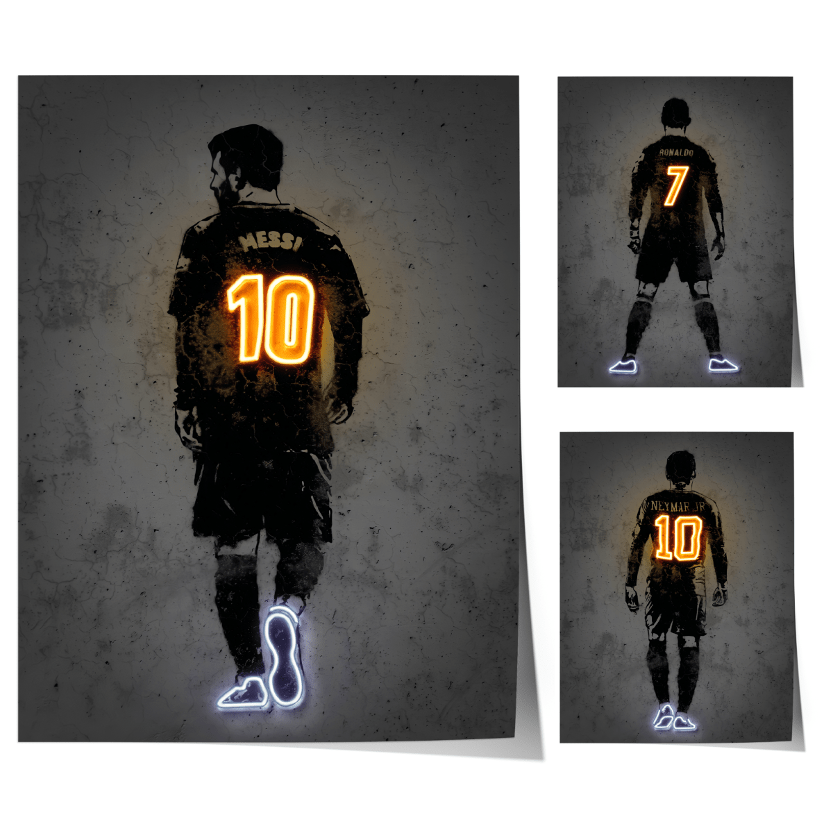 Poster Fußball Lionel Messi Nummer 10 Christiano Ronaldo 7 und Neymar Jr. 10 mit Neon Leucht Trikotnummer als Deko Print ohne Rahmen - justgoodmood