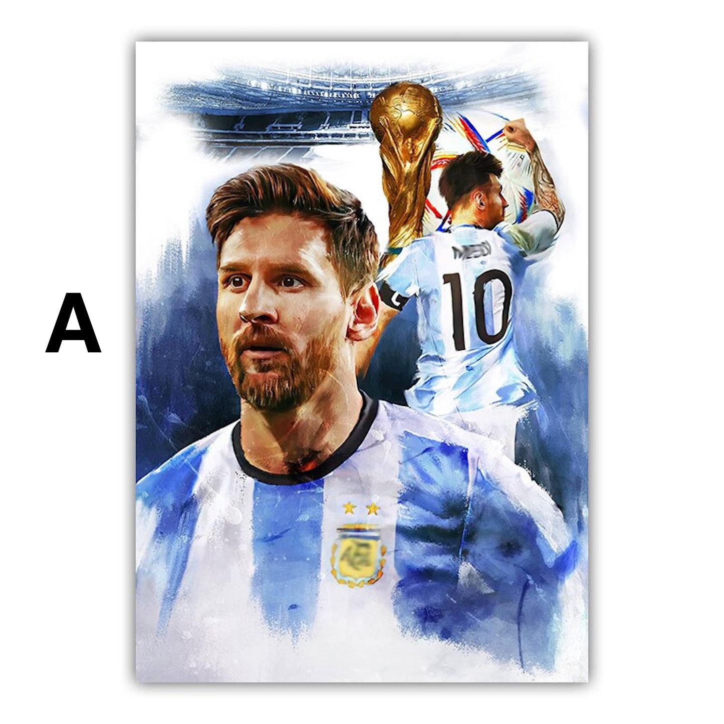 Poster Fußball Messi mit Sieger Pokal Weltmeisterschaft 2022 in Qatar mit Argentinien als Deko Print ohne Rahmen