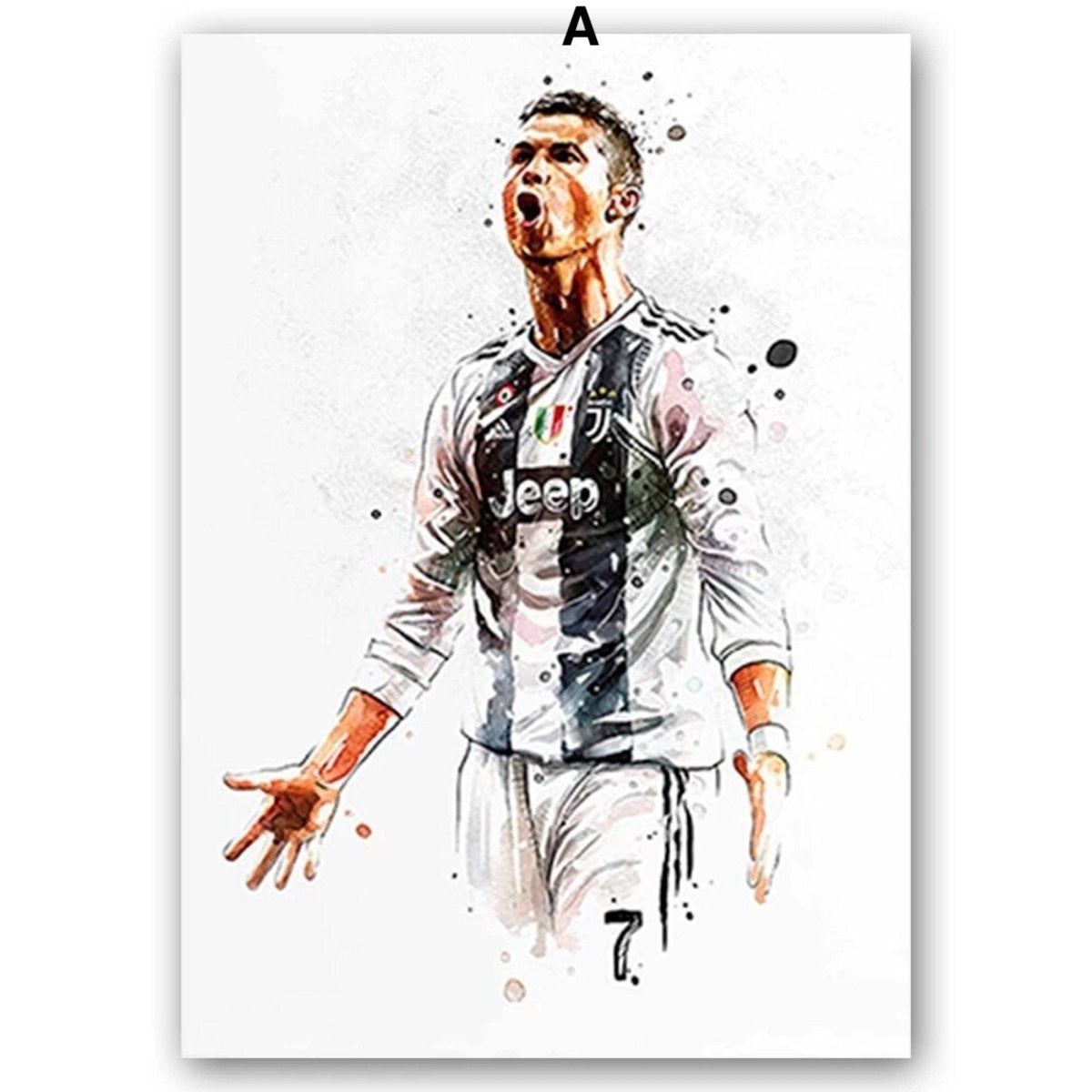 Poster soccer player goal jubilation Lionel Messi and Christiano Ronaldo as a decorative print without a frame