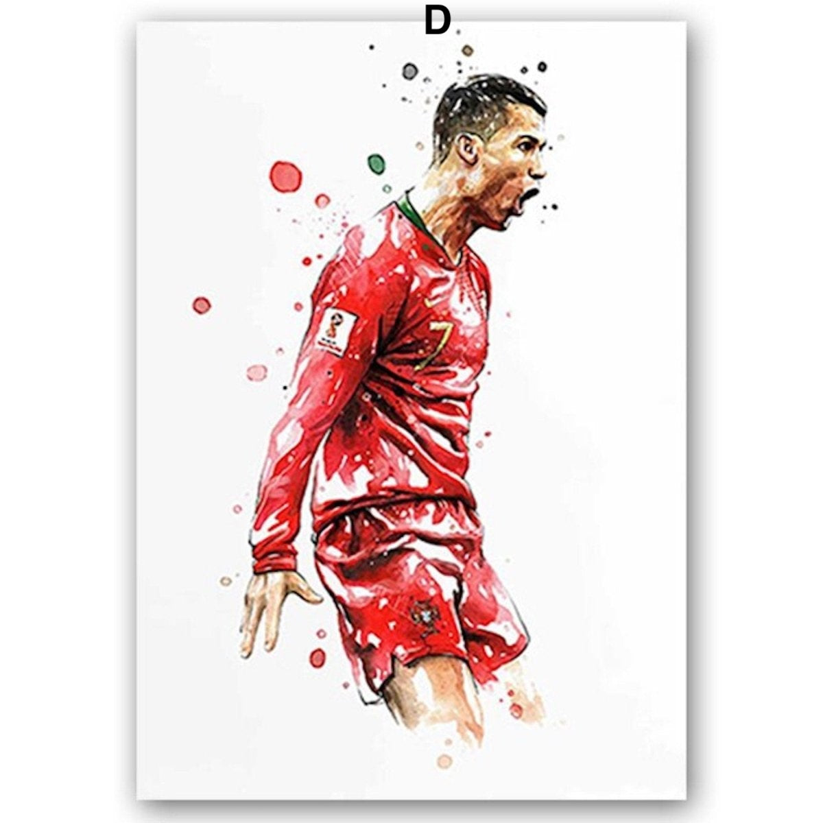 Poster soccer player goal jubilation Lionel Messi and Christiano Ronaldo as a decorative print without a frame
