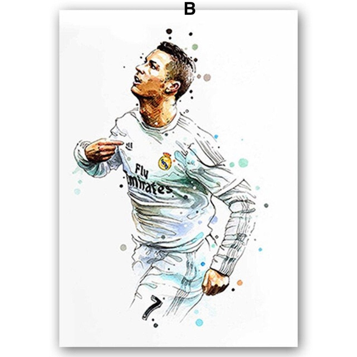 Poster soccer player goal jubilation Lionel Messi and Christiano Ronaldo as a decorative print without a frame