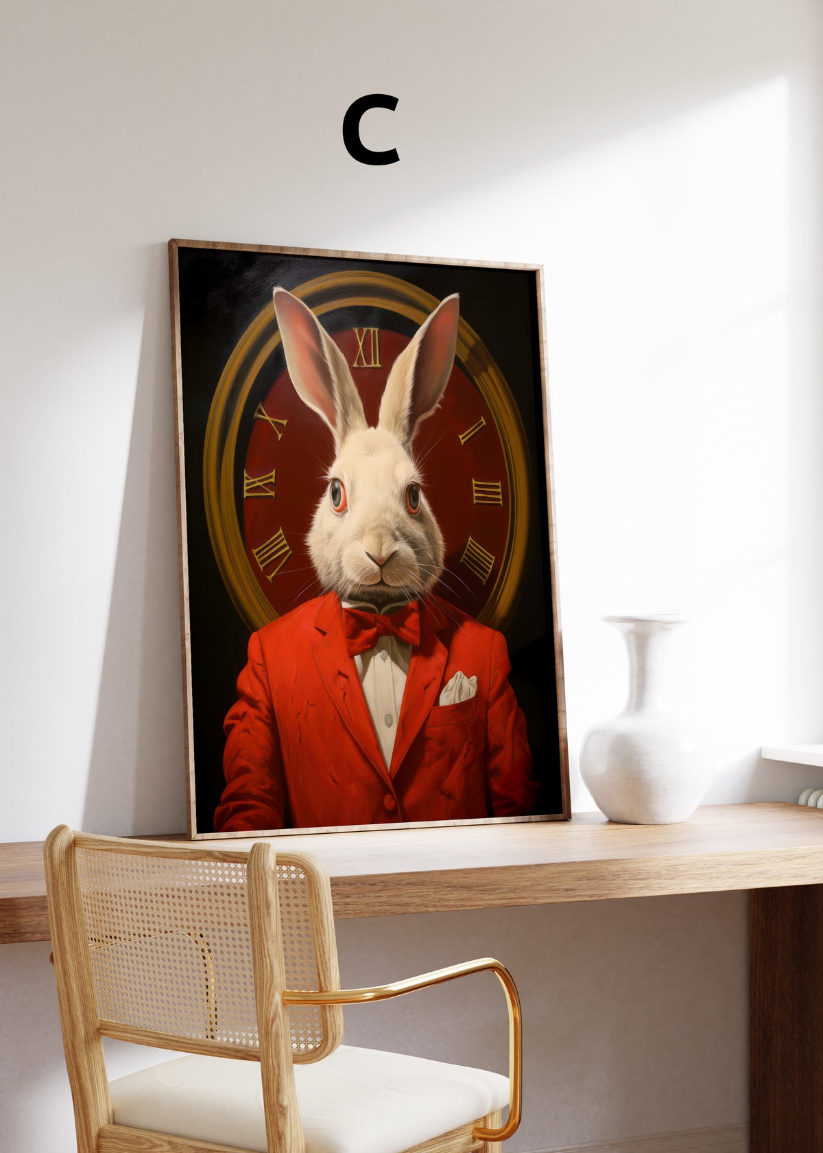 Postermotiv C: Weißes Kaninchen im roten Anzug vor einer großen Uhr. Im Holzrahmen auf einem Schreibtisch.