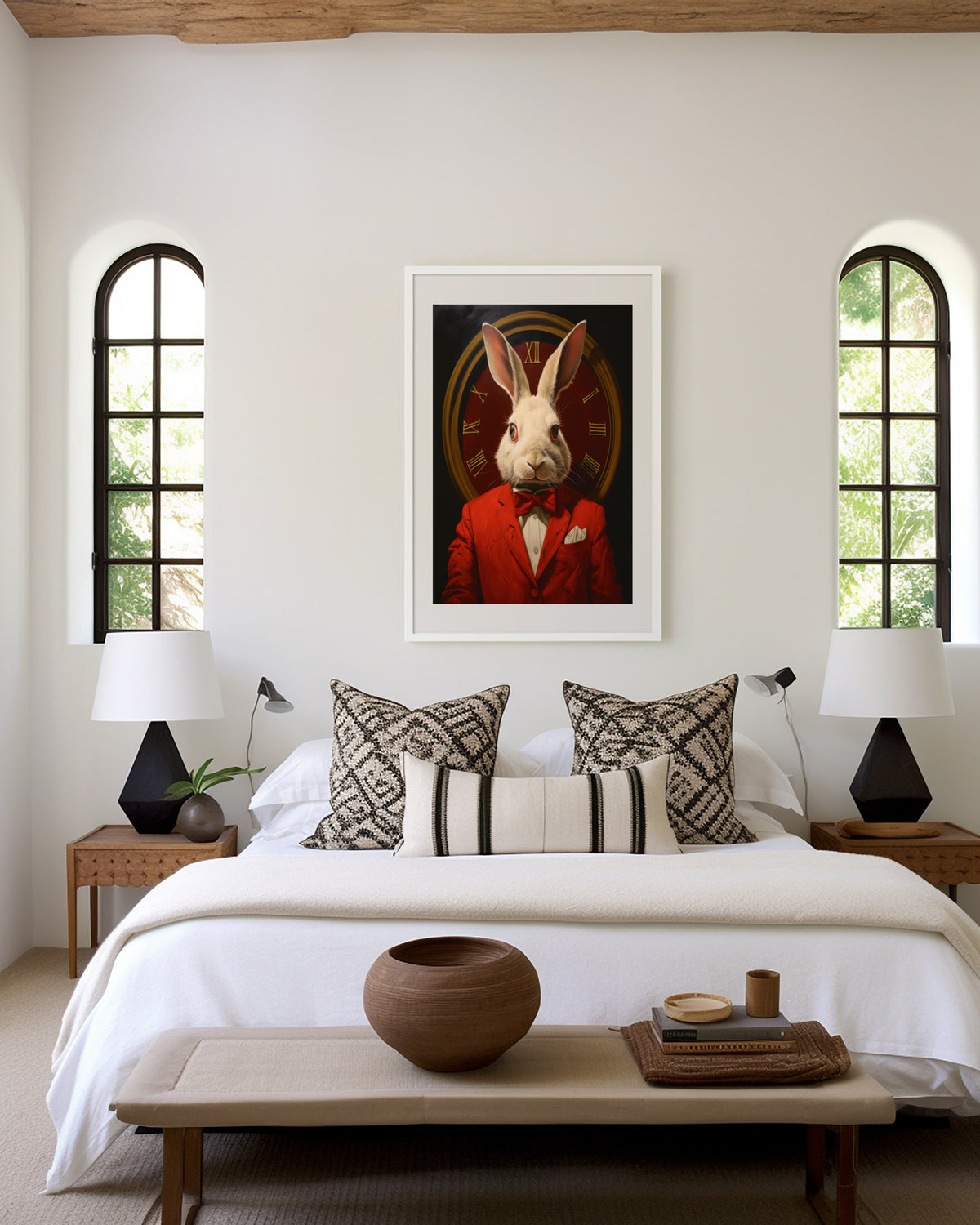 Gerahmtes Poster über einem Bett im hellen Schlafzimmer. Motiv: Weißes Kaninchen im roten Anzug vor einer großen Uhr.