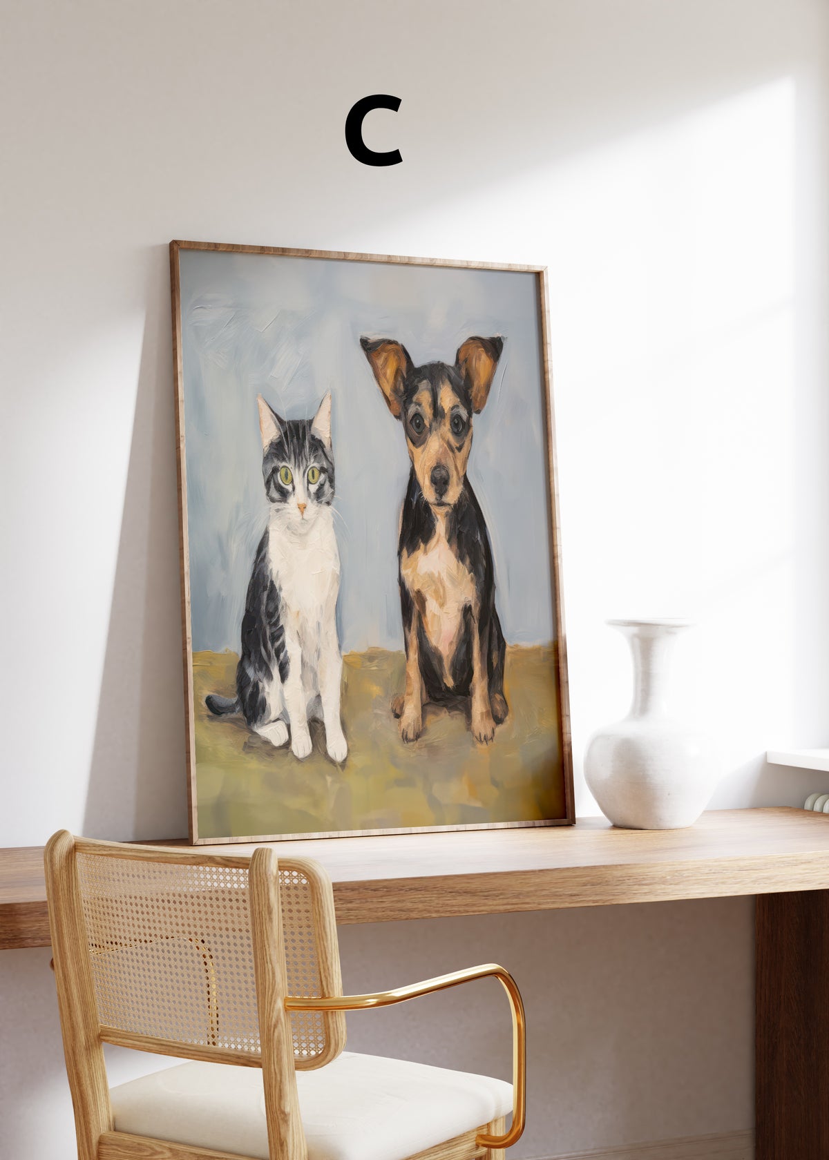 Postermotiv C: Eine kleine Katze und ein brauner Hund nebeneinander vor einem graublauen Hintergrund. Im Holzrahmen auf einem Schreibtisch.