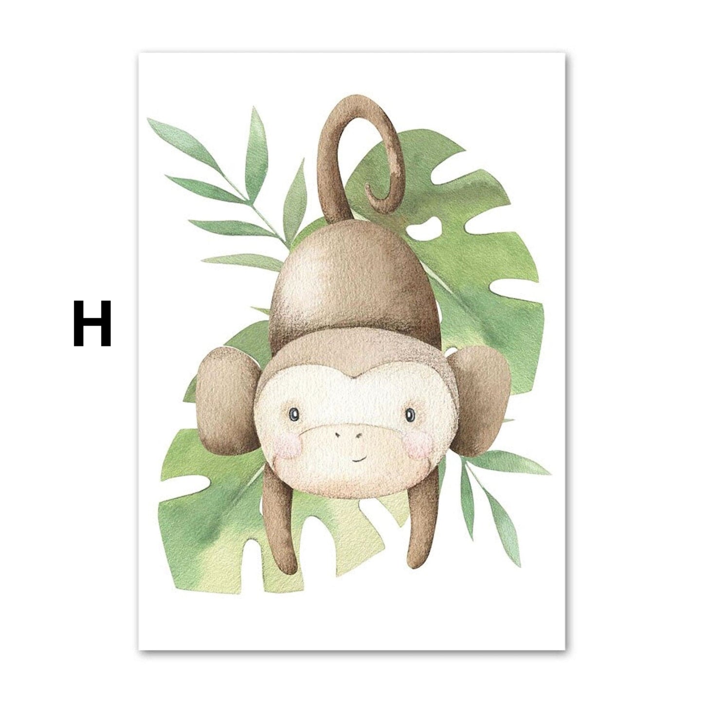 Poster Kinder süße Tiere mit Grünem Blatt Pandabär Giraffe Elefant Löwe Zebra Affe und Tiger als Deko Print ohne Rahmen