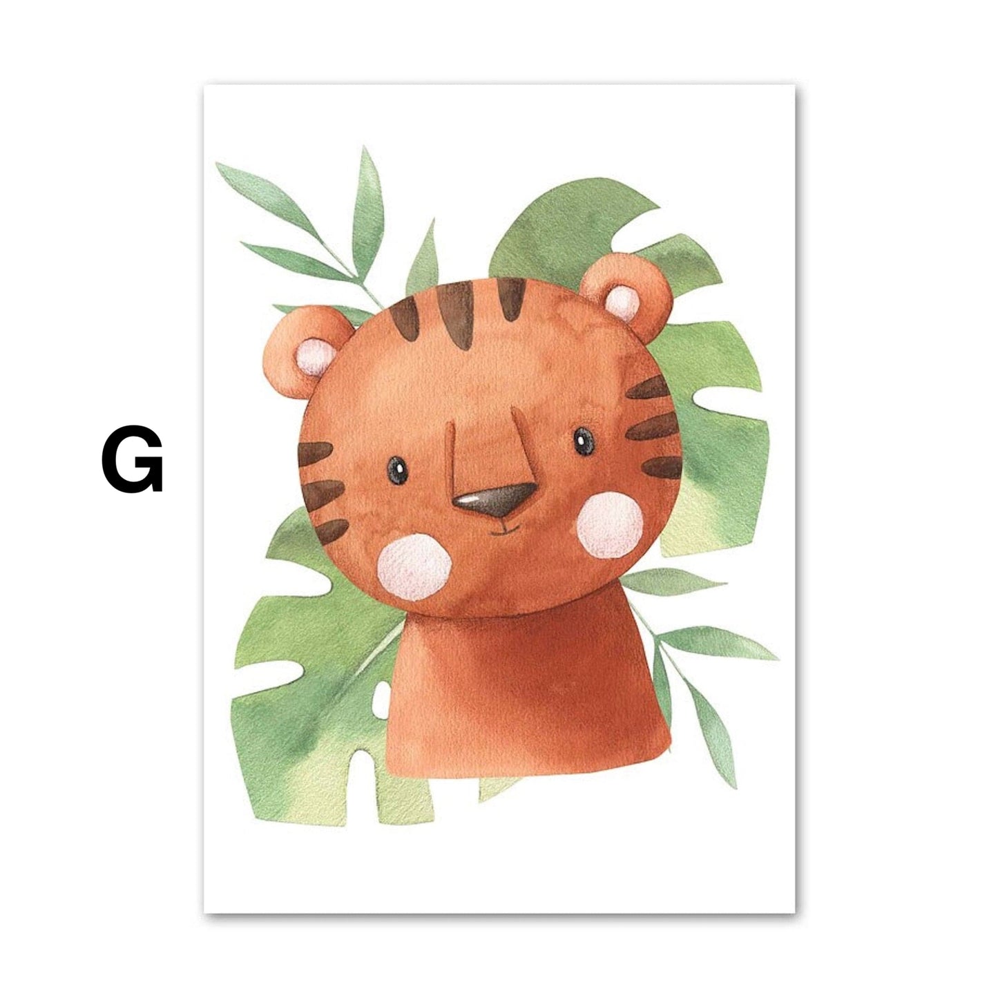 Poster Kinder süße Tiere mit Grünem Blatt Pandabär Giraffe Elefant Löwe Zebra Affe und Tiger als Deko Print ohne Rahmen