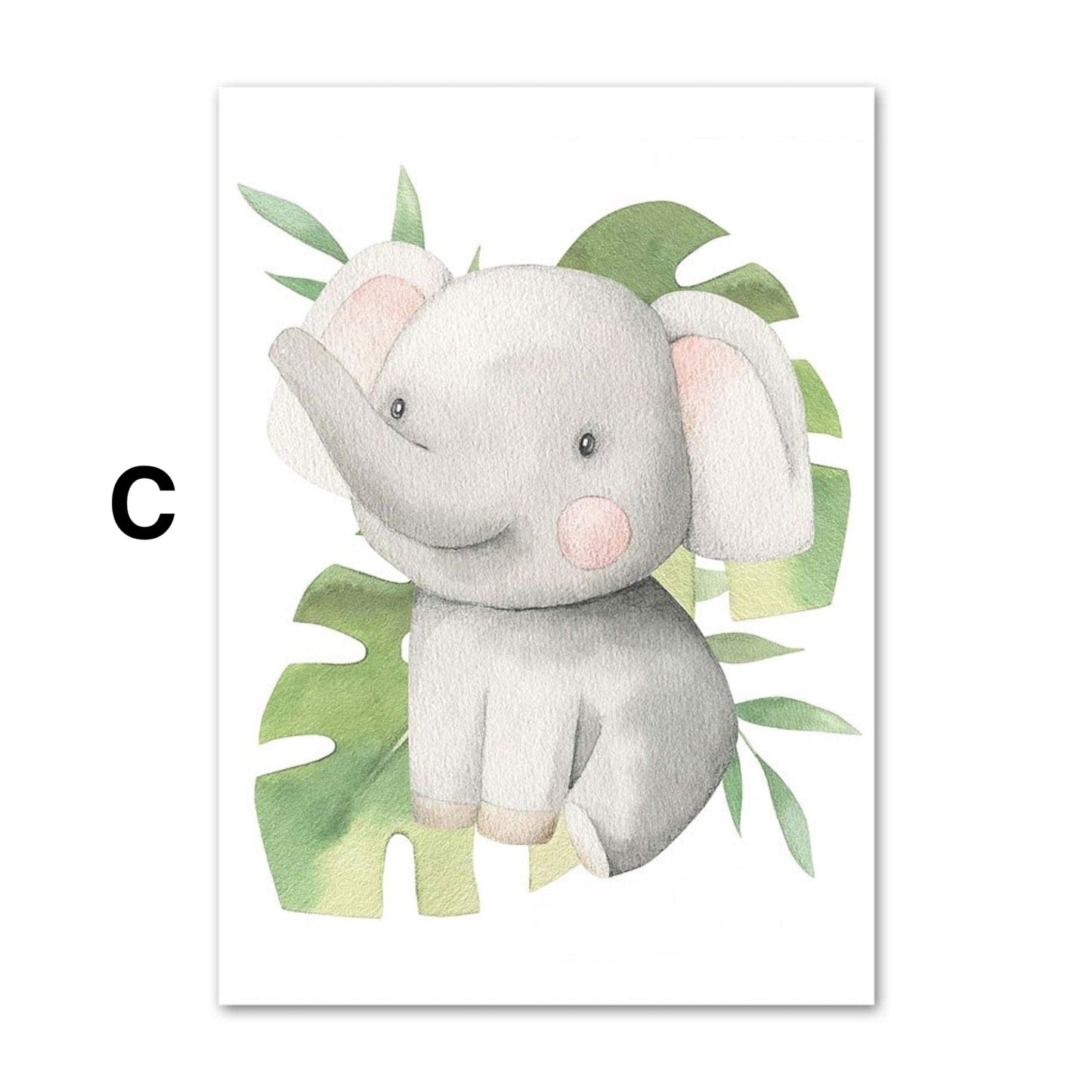 Poster Kinder süße Tiere mit Grünem Blatt Pandabär Giraffe Elefant Löwe Zebra Affe und Tiger als Deko Print ohne Rahmen