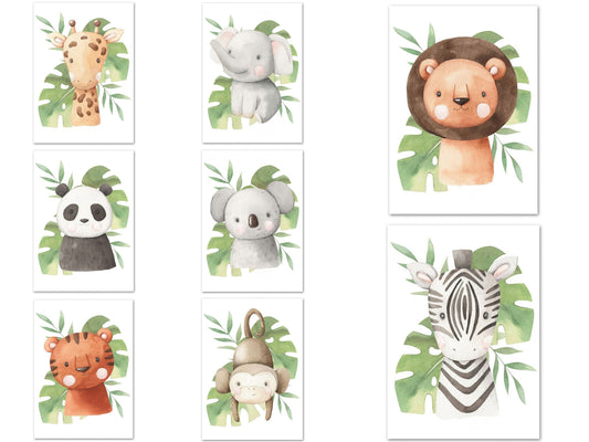 Poster Kinder süße Tiere mit Grünem Blatt Pandabär Giraffe Elefant Löwe Zebra Affe und Tiger als Deko Print ohne Rahmen