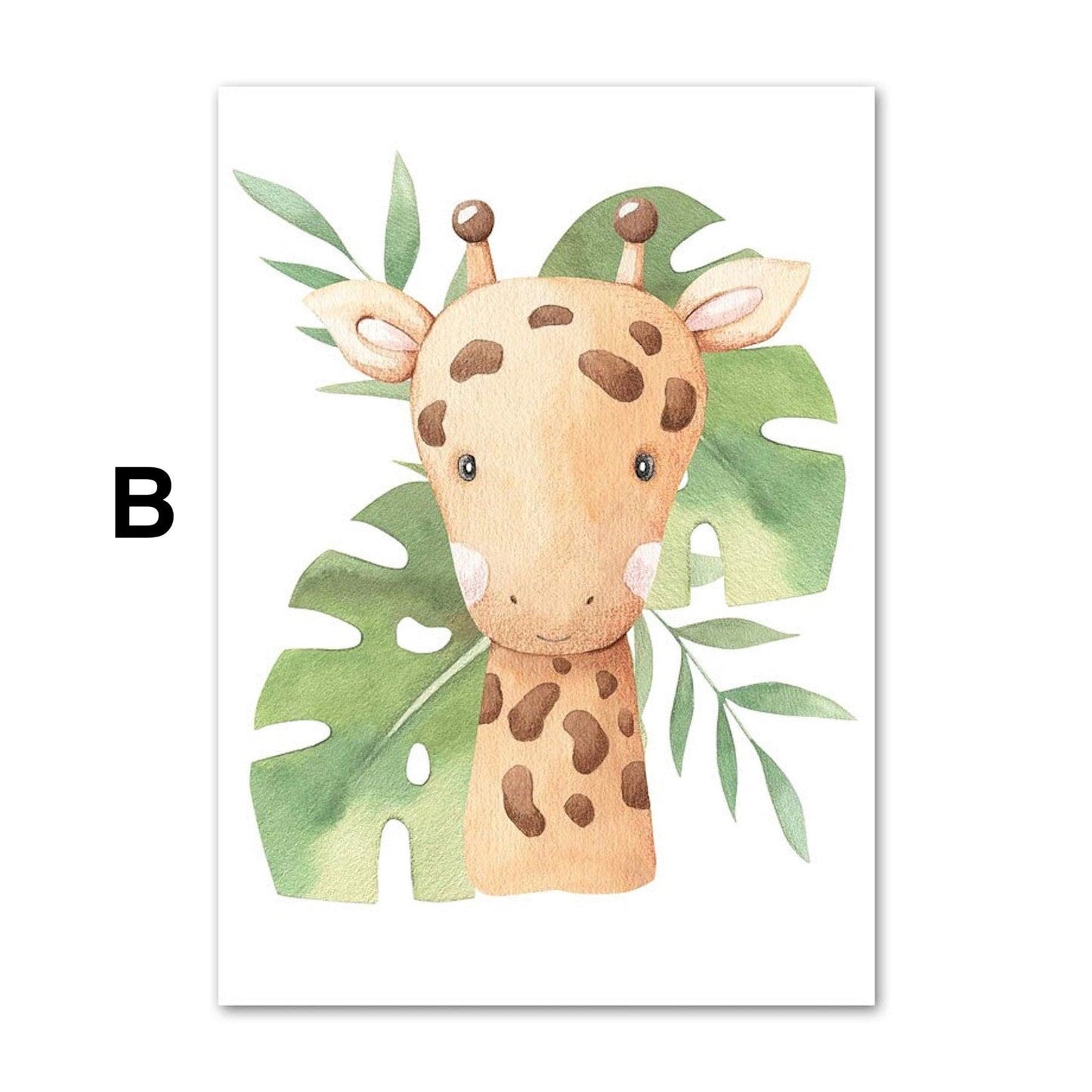 Poster Kinder süße Tiere mit Grünem Blatt Pandabär Giraffe Elefant Löwe Zebra Affe und Tiger als Deko Print ohne Rahmen