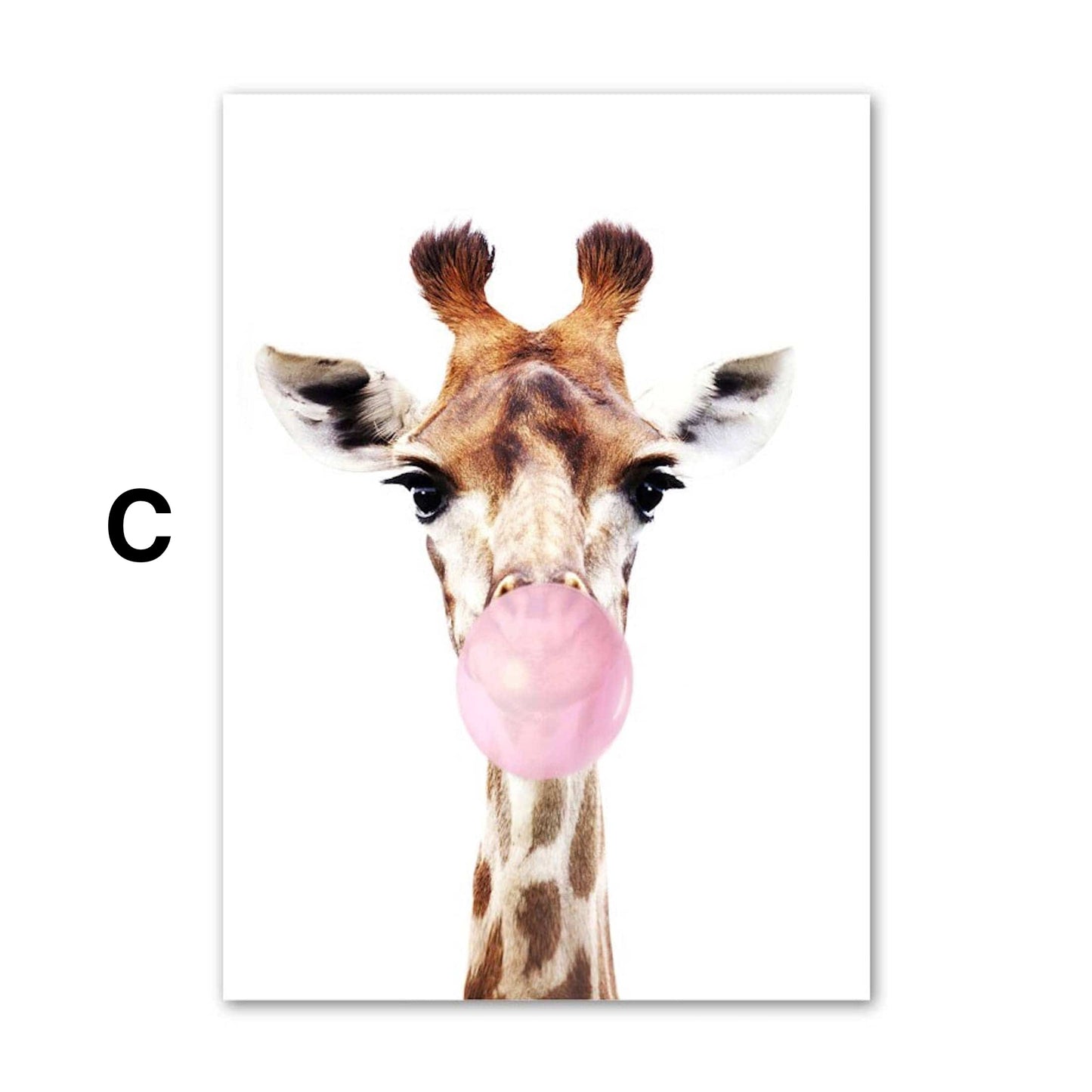 Poster Kinder Tiere mit rosa Kaugummi Giraffe Hase Igel Fuchs und Zebra als Deko Print ohne Rahmen