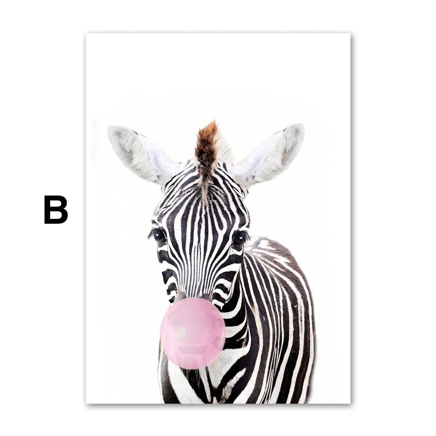 Poster Kinder Tiere mit rosa Kaugummi Giraffe Hase Igel Fuchs und Zebra als Deko Print ohne Rahmen