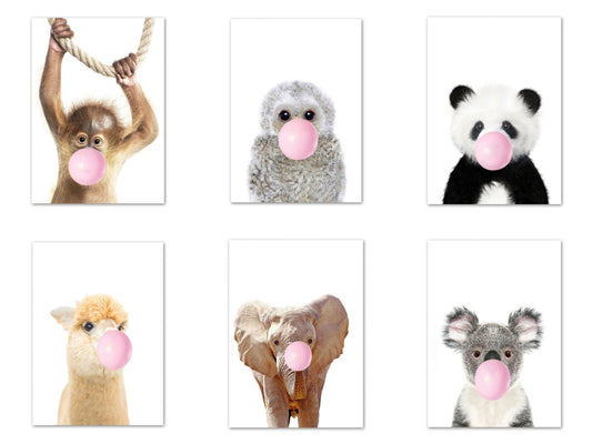 Poster Kinder Tiere mit rosa Kaugummi Panda Eule Alpaka Elefant Koala und Affe als Deko Print ohne Rahmen