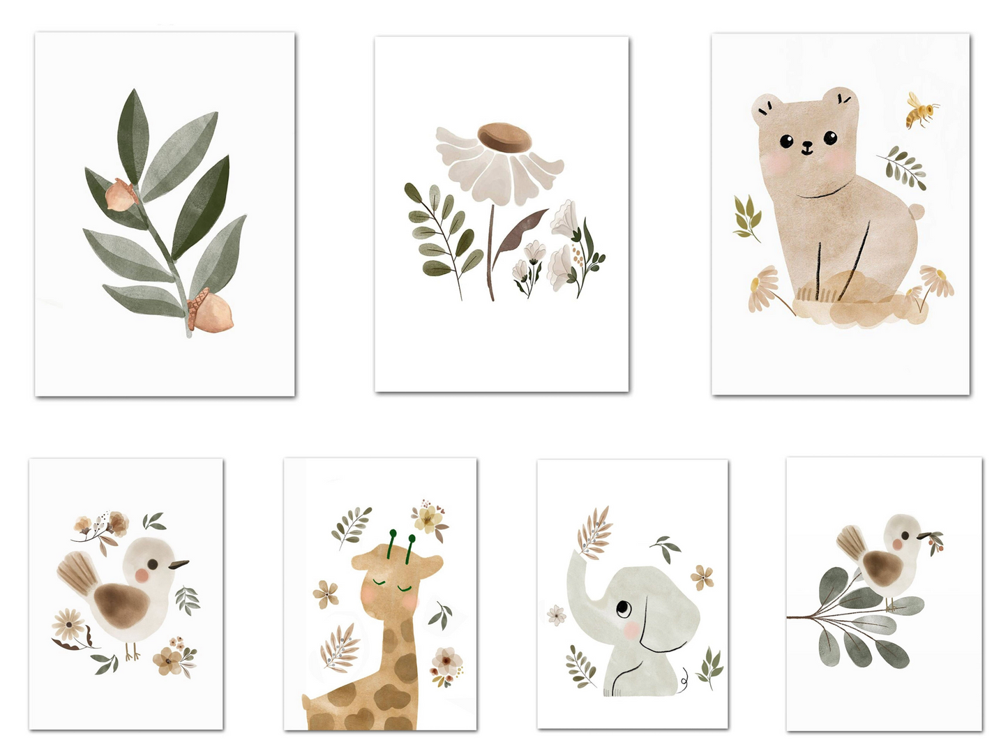 Poster Kinder Tiere Vogel Fuchs Elefant Giraffe Haselnuss Zweig Eichhörnchen als Deko Print ohne Rahmen