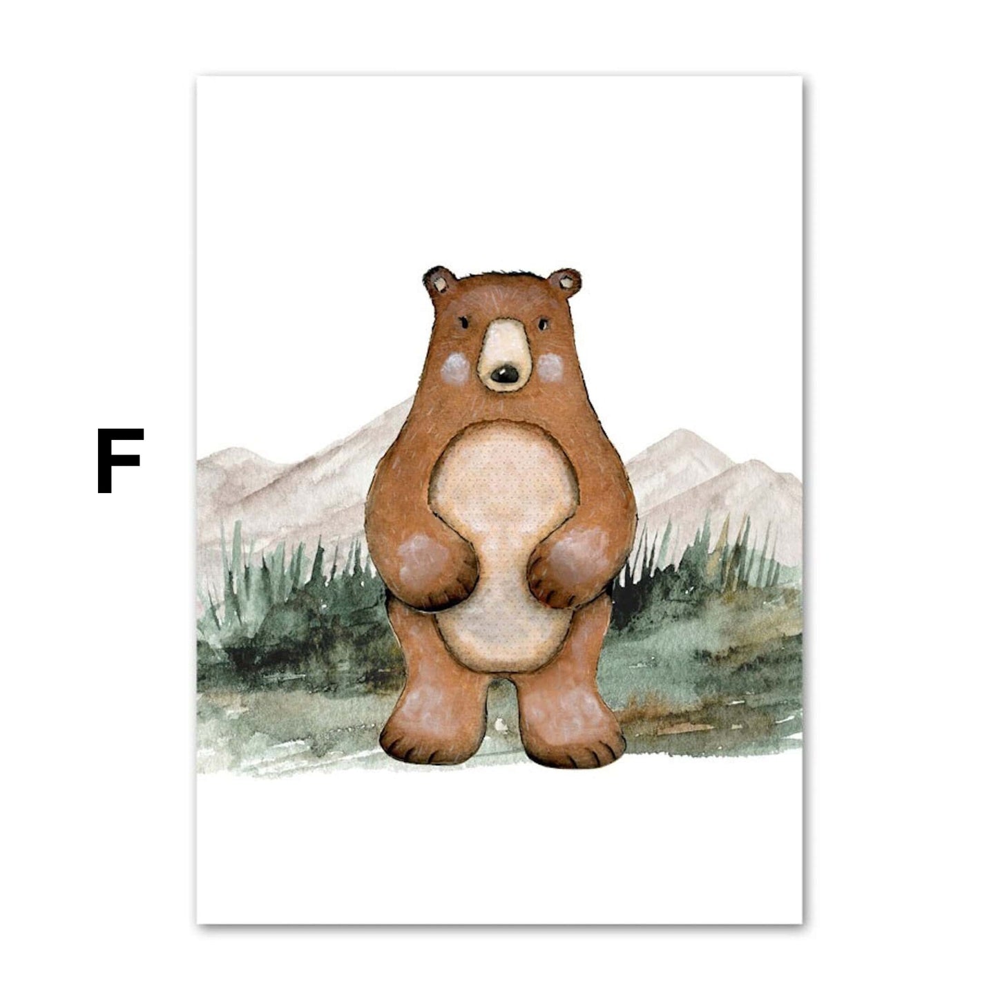 Poster Kinder Wald Tiere Fuchs Waschbär Reh Eule Fuchs Braunbär und Berge als Deko Print ohne Rahmen
