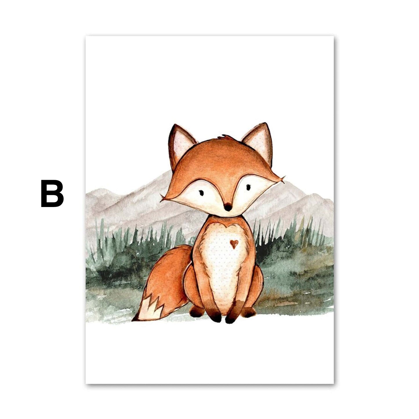 Poster Kinder Wald Tiere Fuchs Waschbär Reh Eule Fuchs Braunbär und Berge als Deko Print ohne Rahmen