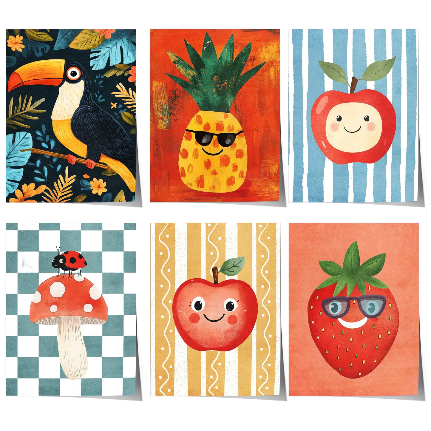 Poster Kinderzimmer Apfel · Erdbeere · Ananas · Tukan · Geschenkidee für Kinder · Rot & Blau · Obst & Dschungel · Deko Print ohne Rahmen - justgoodmood