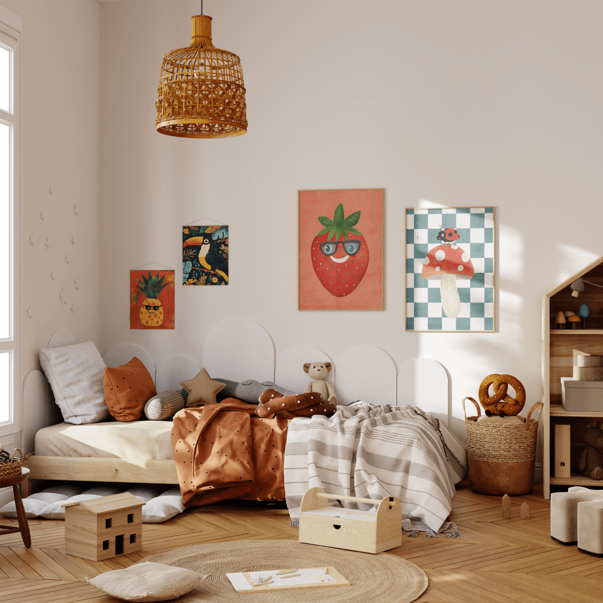 Poster Kinderzimmer Apfel · Erdbeere · Ananas · Tukan · Geschenkidee für Kinder · Rot & Blau · Obst & Dschungel · Deko Print ohne Rahmen - justgoodmood