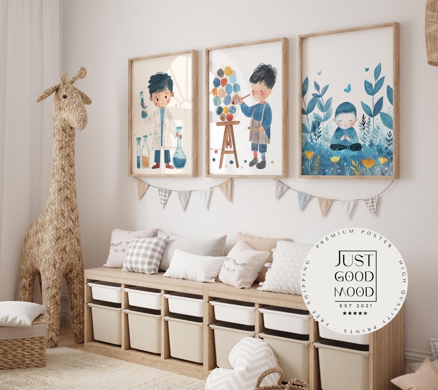 Poster Kinderzimmer Aquarell · Junge Wissenschaftler · Mädchen Künstlerin · Mutter umarmt Kind Kunst Bilder · Wand Deko · ohne Rahmen - justgoodmood