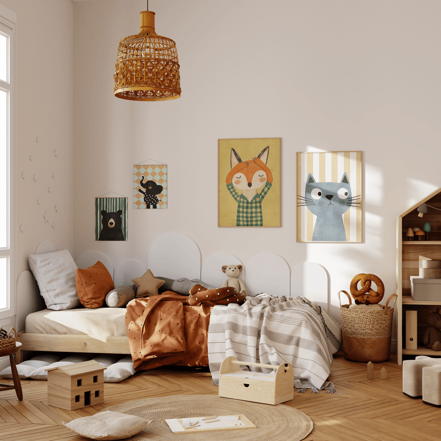 Poster Kinderzimmer Bär · Elefant · Fuchs · Katze · Geschenkidee für Kinder · Grün & Gelb · Waldtiere & Safari · Deko Print ohne Rahmen - justgoodmood