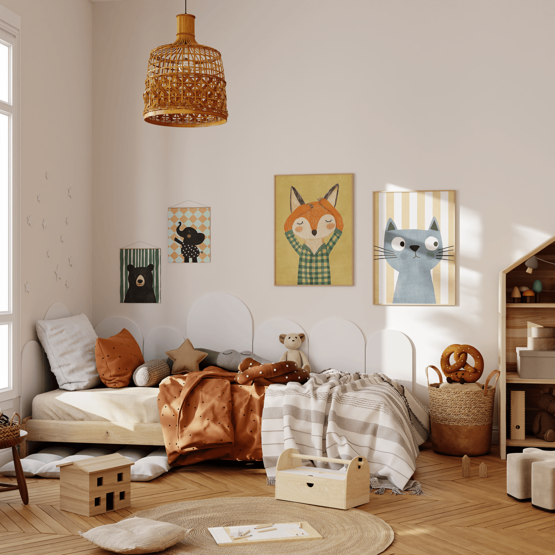 Poster Kinderzimmer Bär · Elefant · Fuchs · Katze · Geschenkidee für Kinder · Grün & Gelb · Waldtiere & Safari · Deko Print ohne Rahmen - justgoodmood