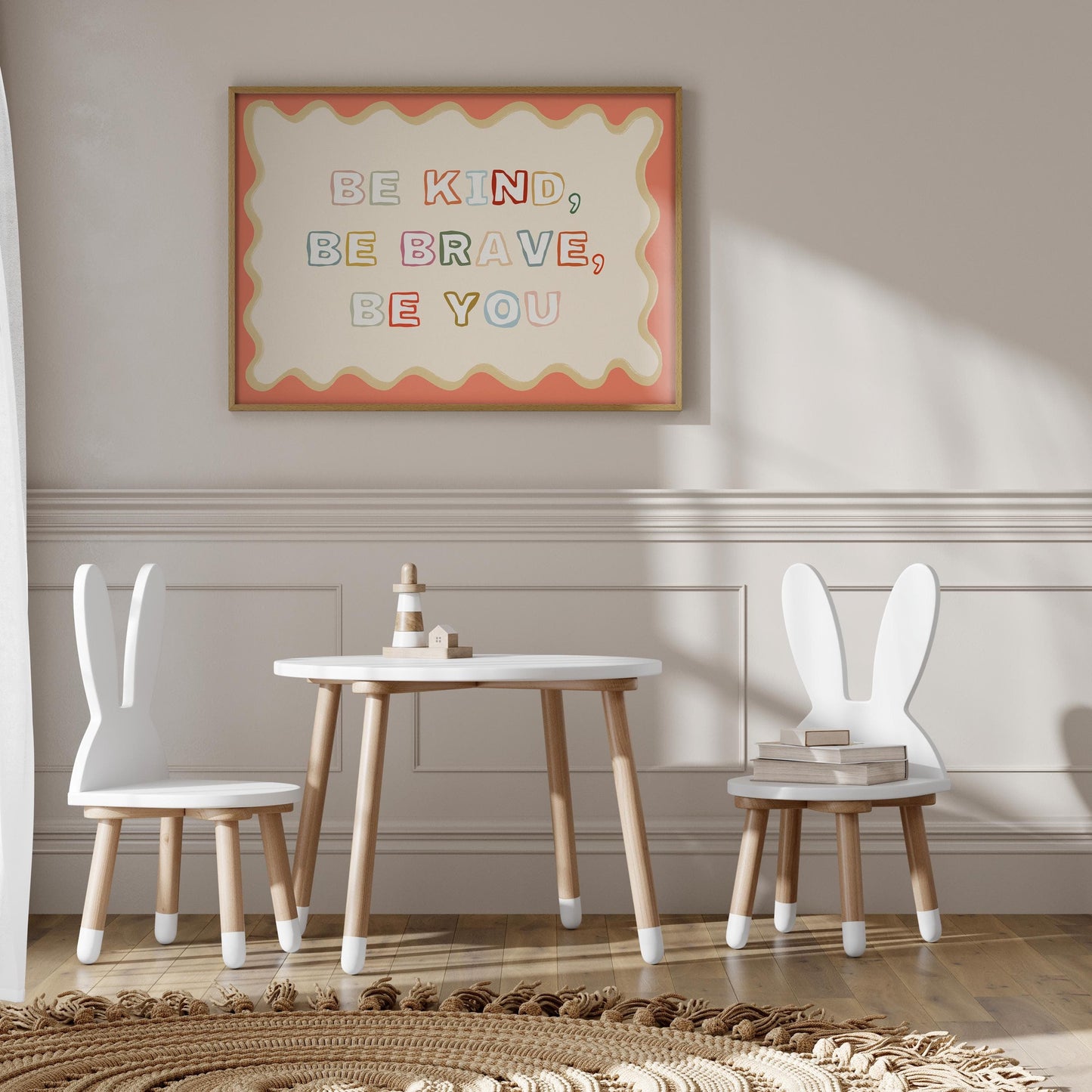 Poster Kinderzimmer · Be Kind, Be Brave, Be You · Bunter Spruch in Regenbogenfarben · Mutmachende Wanddeko · Ohne Rahmen - justgoodmood