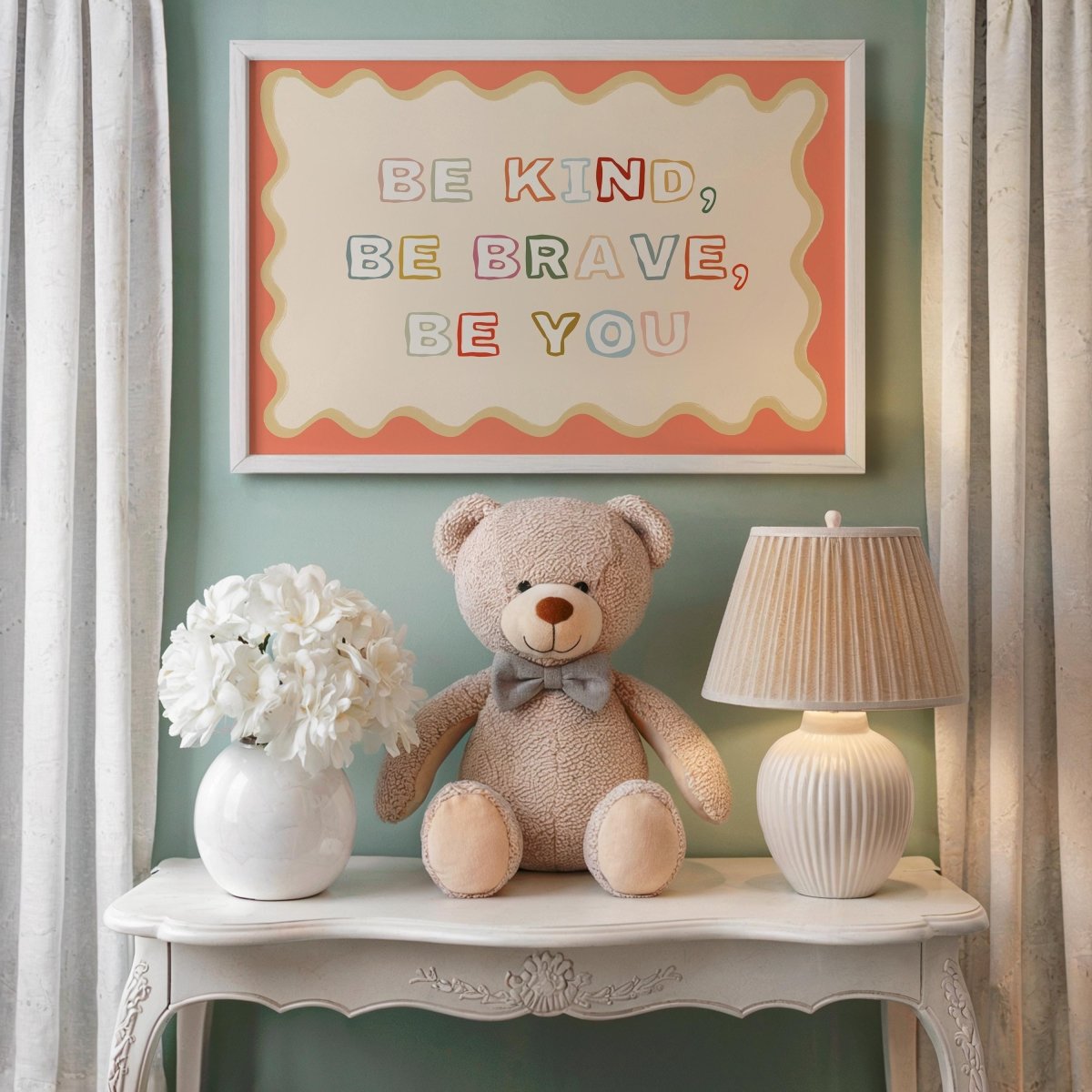 Poster Kinderzimmer · Be Kind, Be Brave, Be You · Bunter Spruch in Regenbogenfarben · Mutmachende Wanddeko · Ohne Rahmen - justgoodmood