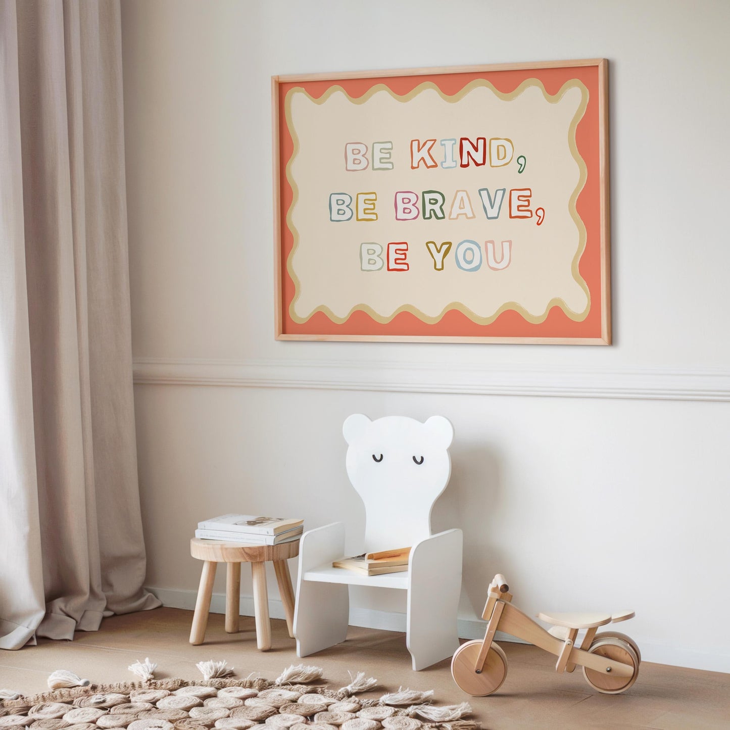 Poster Kinderzimmer · Be Kind, Be Brave, Be You · Bunter Spruch in Regenbogenfarben · Mutmachende Wanddeko · Ohne Rahmen - justgoodmood