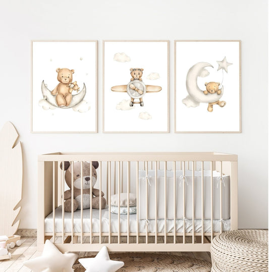 Poster Kinderzimmer Bilder · Geschenkidee für Kinder · Teddy Bären Flugzeug Pilot Mond Wolken· Deko Print ohne Rahmen - justgoodmood