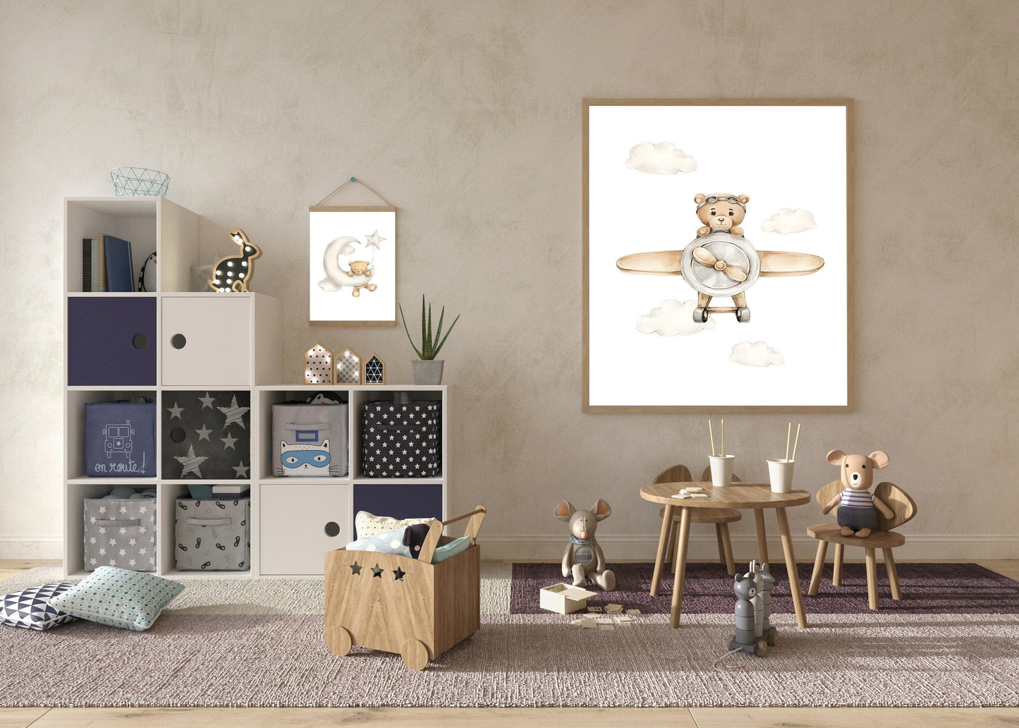 Poster Kinderzimmer Bilder · Geschenkidee für Kinder · Teddy Bären Flugzeug Pilot Mond Wolken· Deko Print ohne Rahmen - justgoodmood