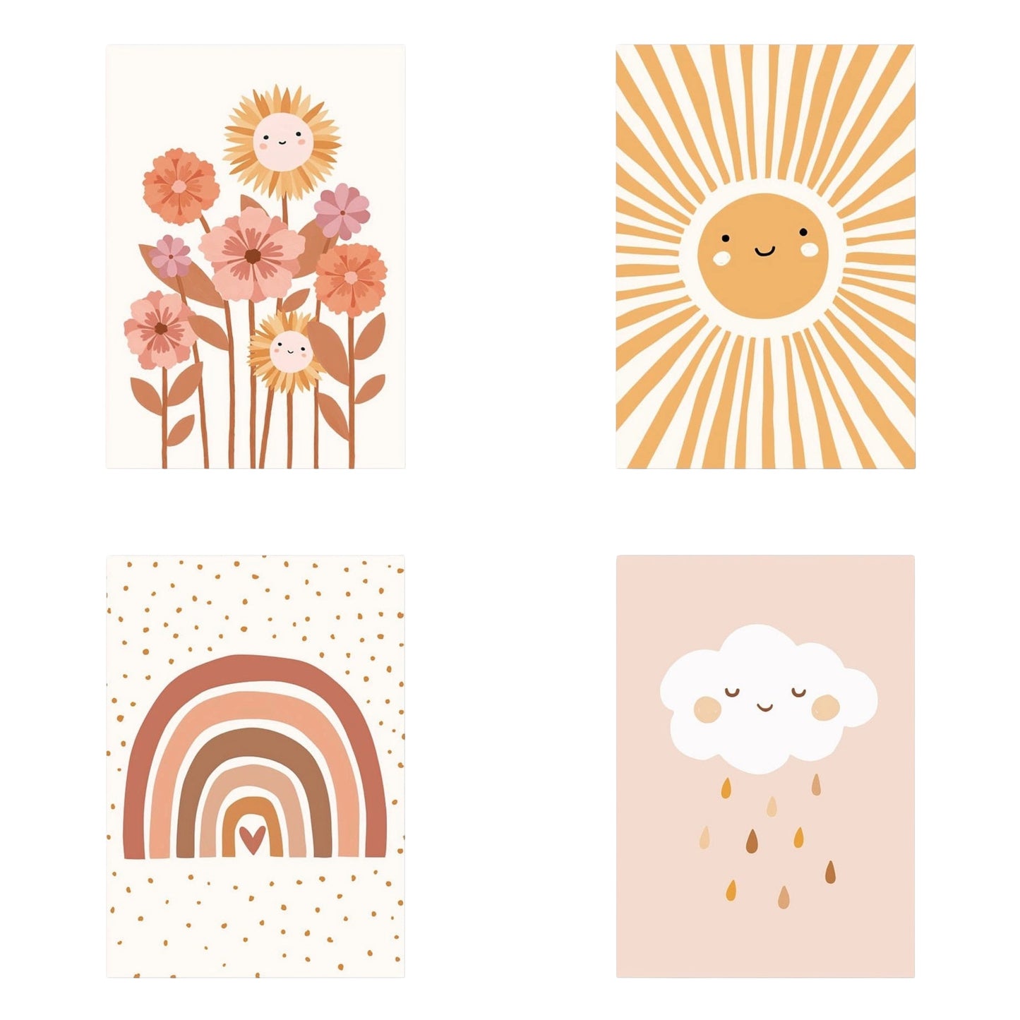 Poster Kinderzimmer Bilder Sonnenstrahlen Blumen Regenbogen und Regen Wolk als Deko Print ohne Rahmen