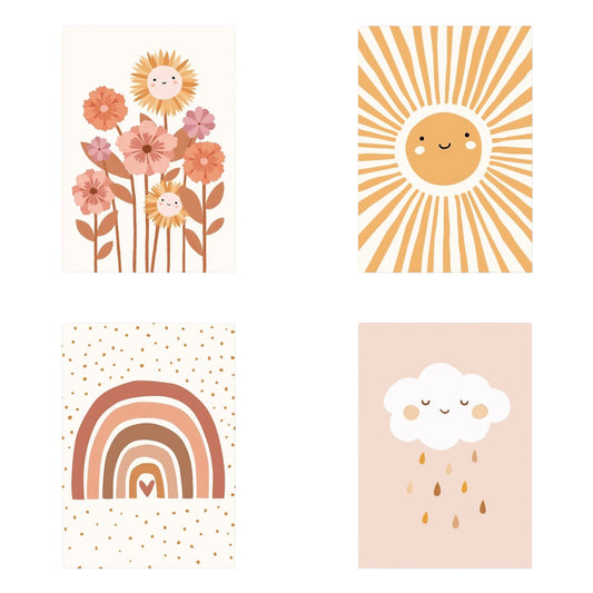 Poster Kinderzimmer Bilder Sonnenstrahlen Blumen Regenbogen und Regen Wolk als Deko Print ohne Rahmen